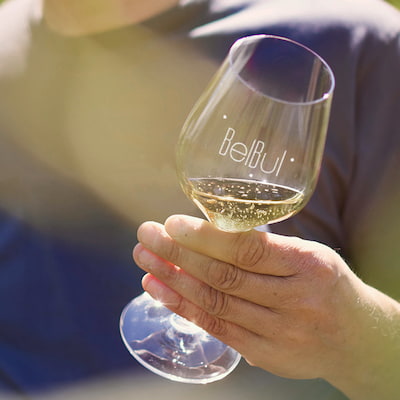 een hand houdt glas met belbul logo vast